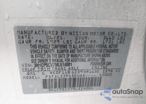 2021 Nissan Kicks Sv Xtronic Cvt z USA, uszkodzony, nr VIN 3N1CP5CV7ML514081